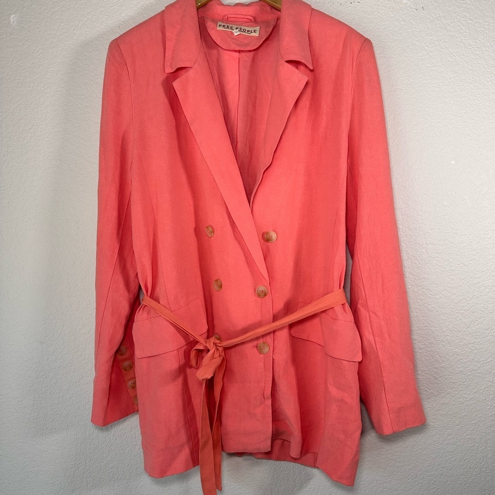 Free People Coral Pink‎ Double Breasted Belted Blazer Jacket Womens Large L - Picture 3 of 8